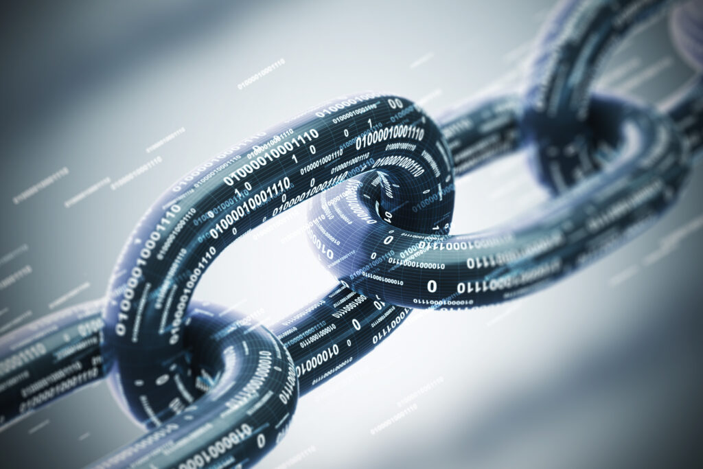 Close-up of a linked metal chain, representing secure connected data